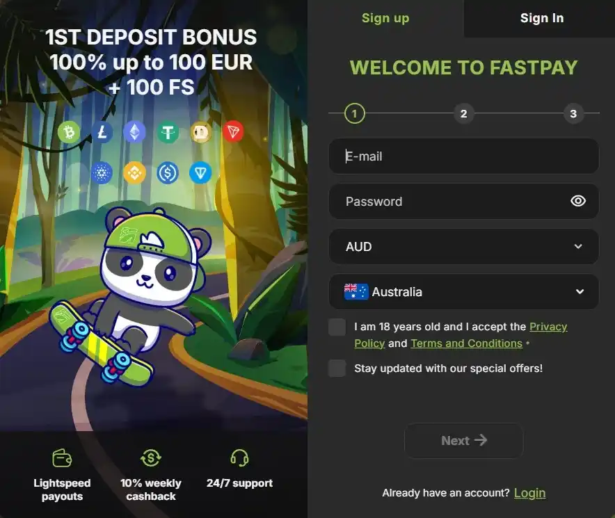 casino Fastpay Casino AU FastPay Casino sign up form with bonus